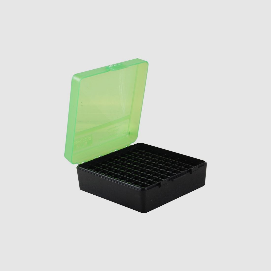 Boîte à cartouches MTM P-100-3-16T verte/noire avec couvercle rabattable pour 100 cartouches .38/.357 et autres.