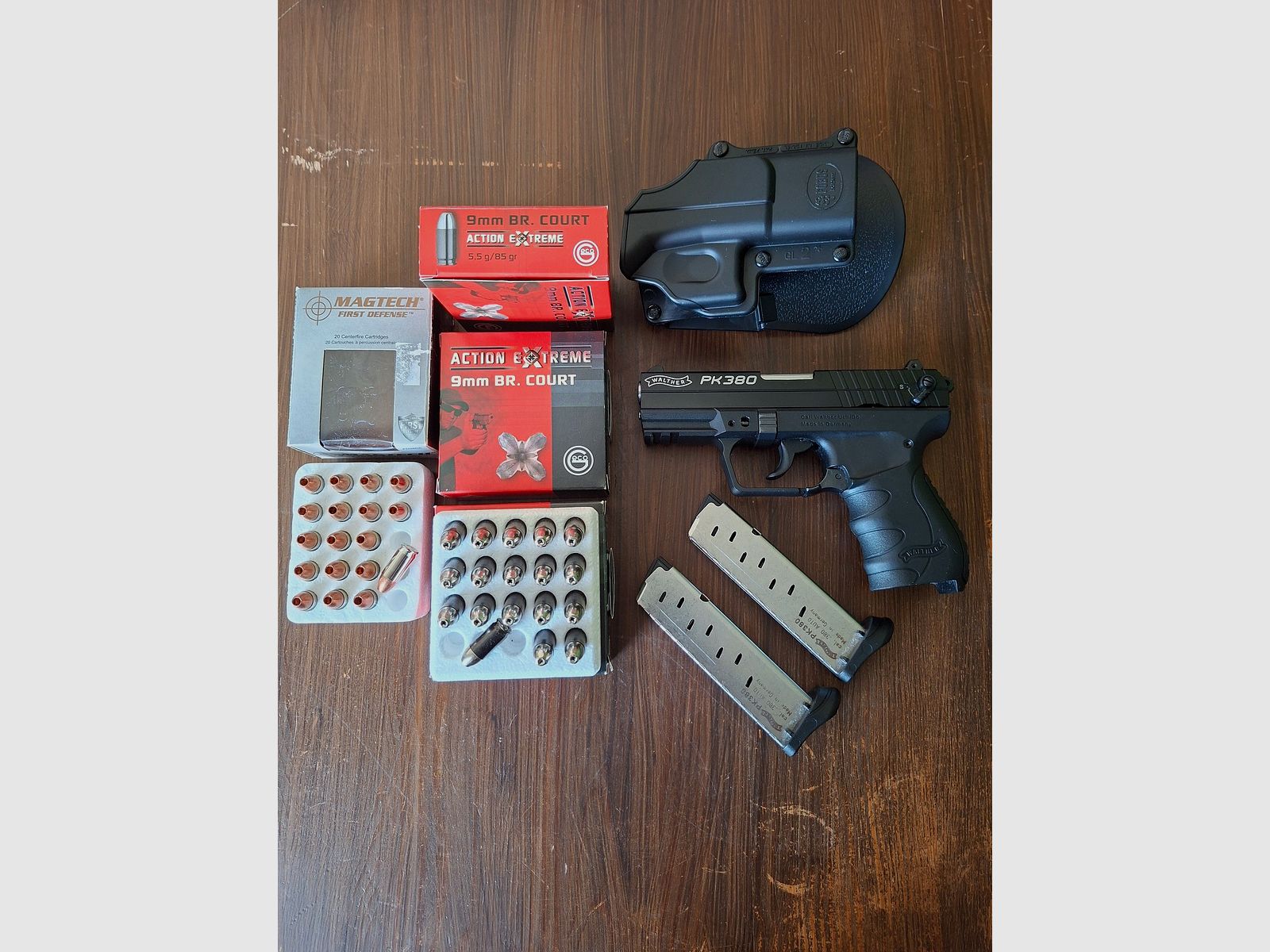 Walther PK380 negro, 9 mm corto, con cargador de repuesto + Paddleholster 