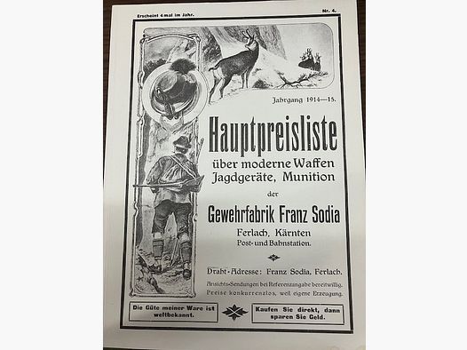 Waffenkatalog von Gewehrfabrik Franz Sodia, Ferlach, Kärnten      "Hauptpreisliste über moderne Waffen, Jagdgeräte, Munition".