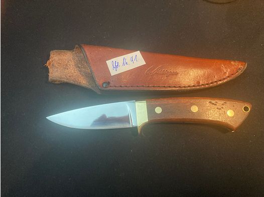 Belt knife, wooden handle, brass fittings, leather sheath, hunting knife 41