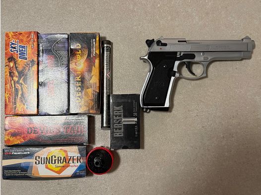 Pistolet gazowy Schreckschuss Reck Miami 92F Steel Finish 9mm z kompletnym zestawem