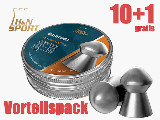 10+1 GRATIS x 400 StĂĽck Diabolo H N BARACUDA extra heavy, Rundkopf, glatt, 0,69 g, Kal. 4,50 mm