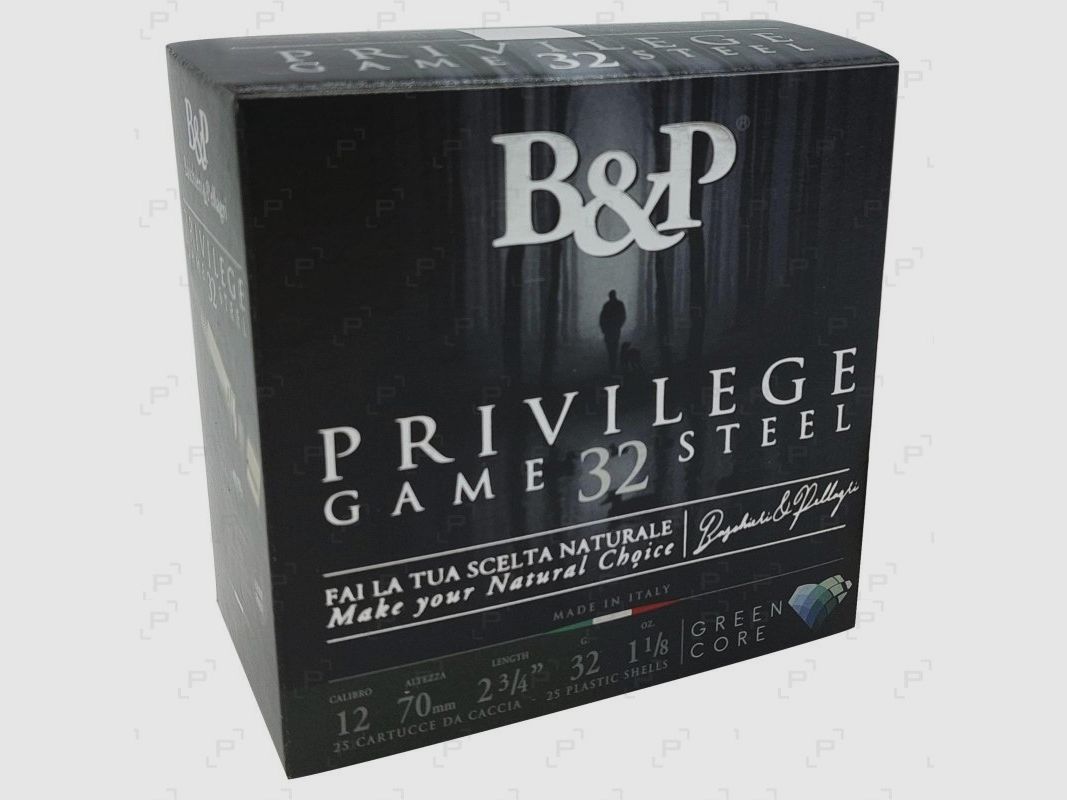Box mit 25 Patronen Stahl BASCHIERI & PELLAGRI PRIVILEGE GAME STEEL 32 Kaliber 12/70