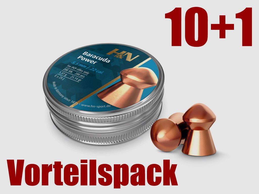 Vorteilspack 10+1 Rundkopf Diabolos H&N Baracuda Power Kaliber 5,5 mm 1,37 g glatt verkupfert 11 x 200 StĂĽck