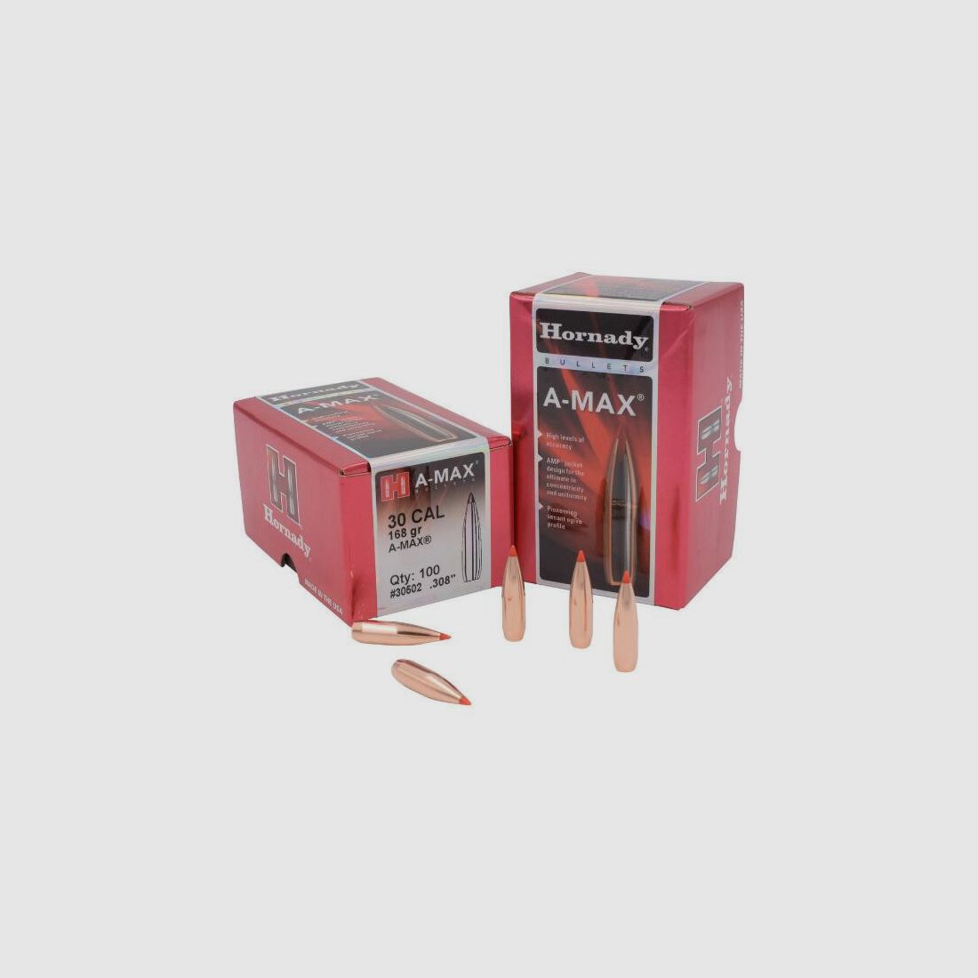 BOX OF 100 HORNADY BULLETS 30 CAL .308 168 GRS A-MAX