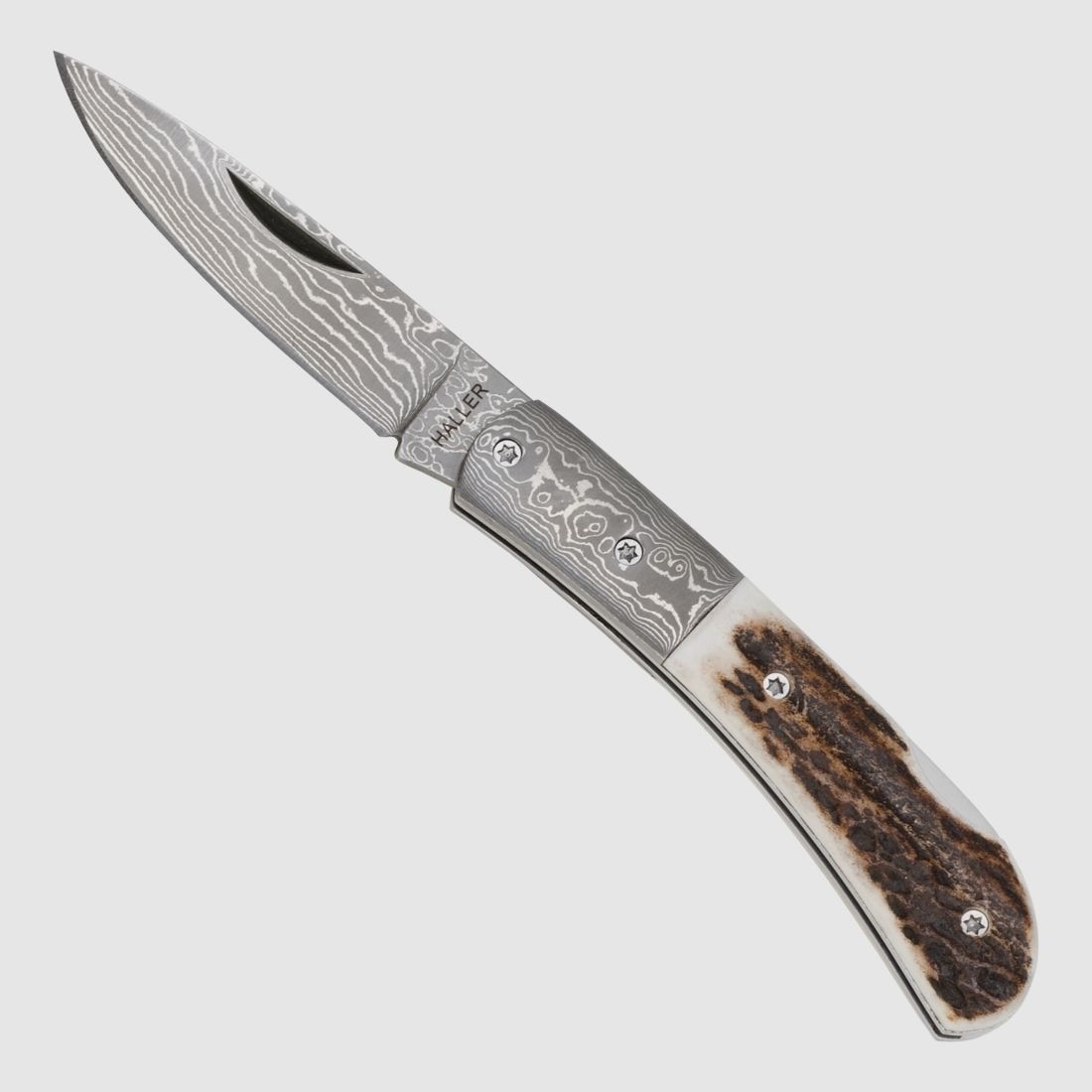 Damast-Taschenmesser Hirschhorn in Holz-Geschenk-Box §42a konform legal führen