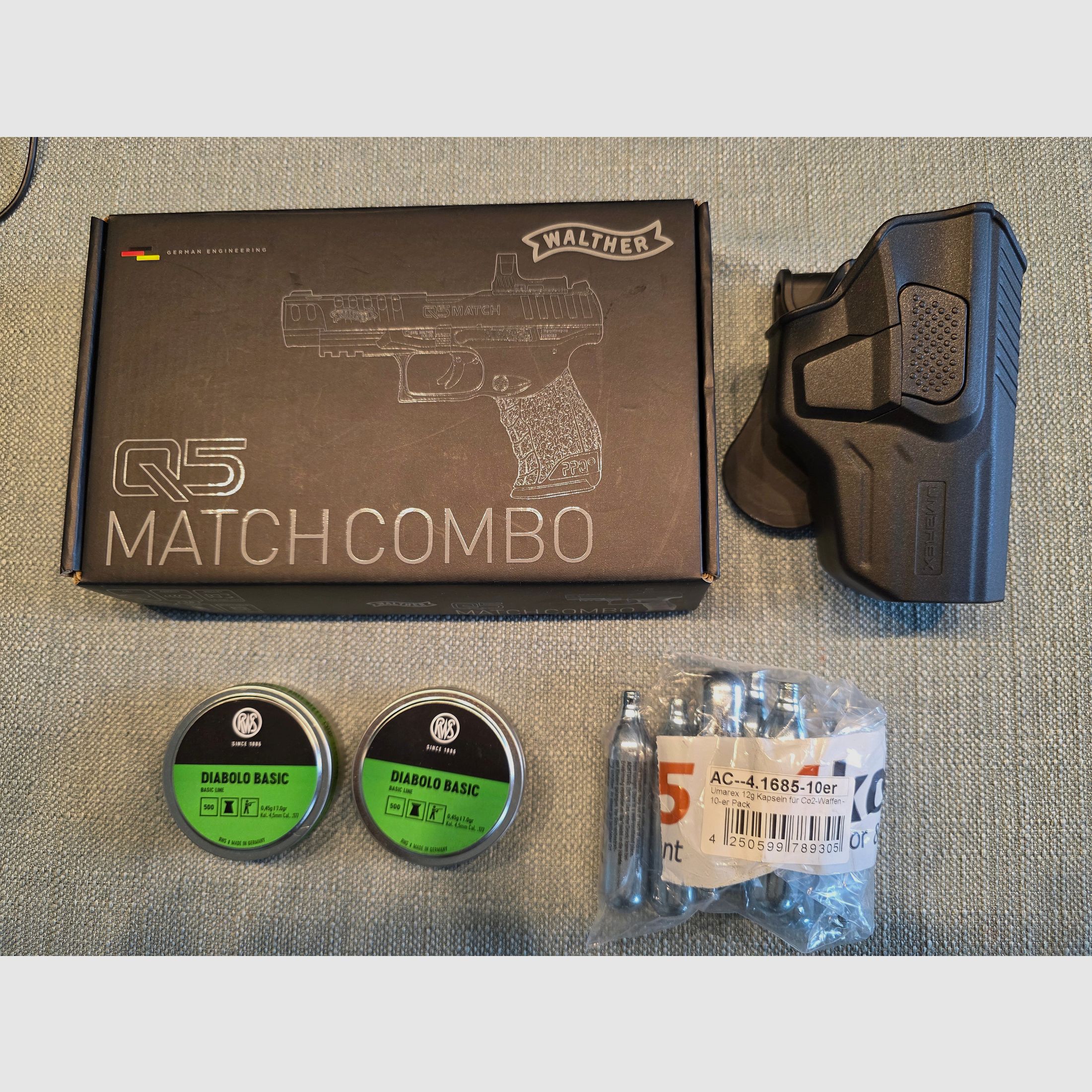 Walther Q5 Match 5" Combo Set Tungsten Gray - Pistola Blowback Co2 4,5 mm Diabolo con accesorios, imagen 1 de 9