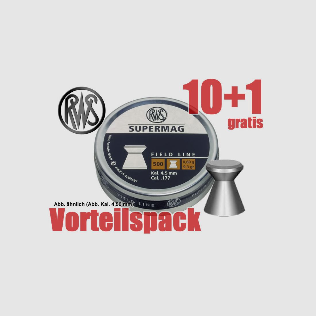 10+1 GRATIS x 500 St. RWS Flachkopf-Diabolo SUPERMAG, glatt, Kal. 4,5 mm, 0,60 g
