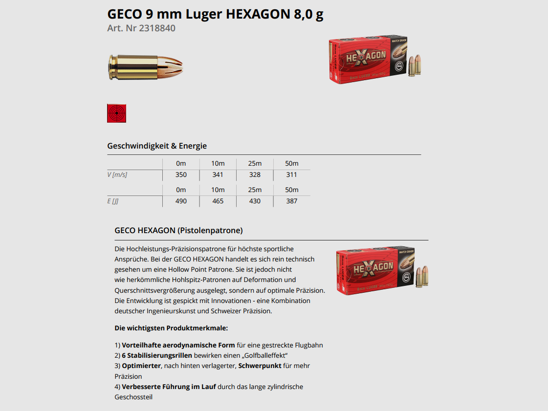 GECO Kal. 9.. Pistole 9mmLuger HEXAGON 50 Stk 124grs/8,0g, Bild 3 von 4