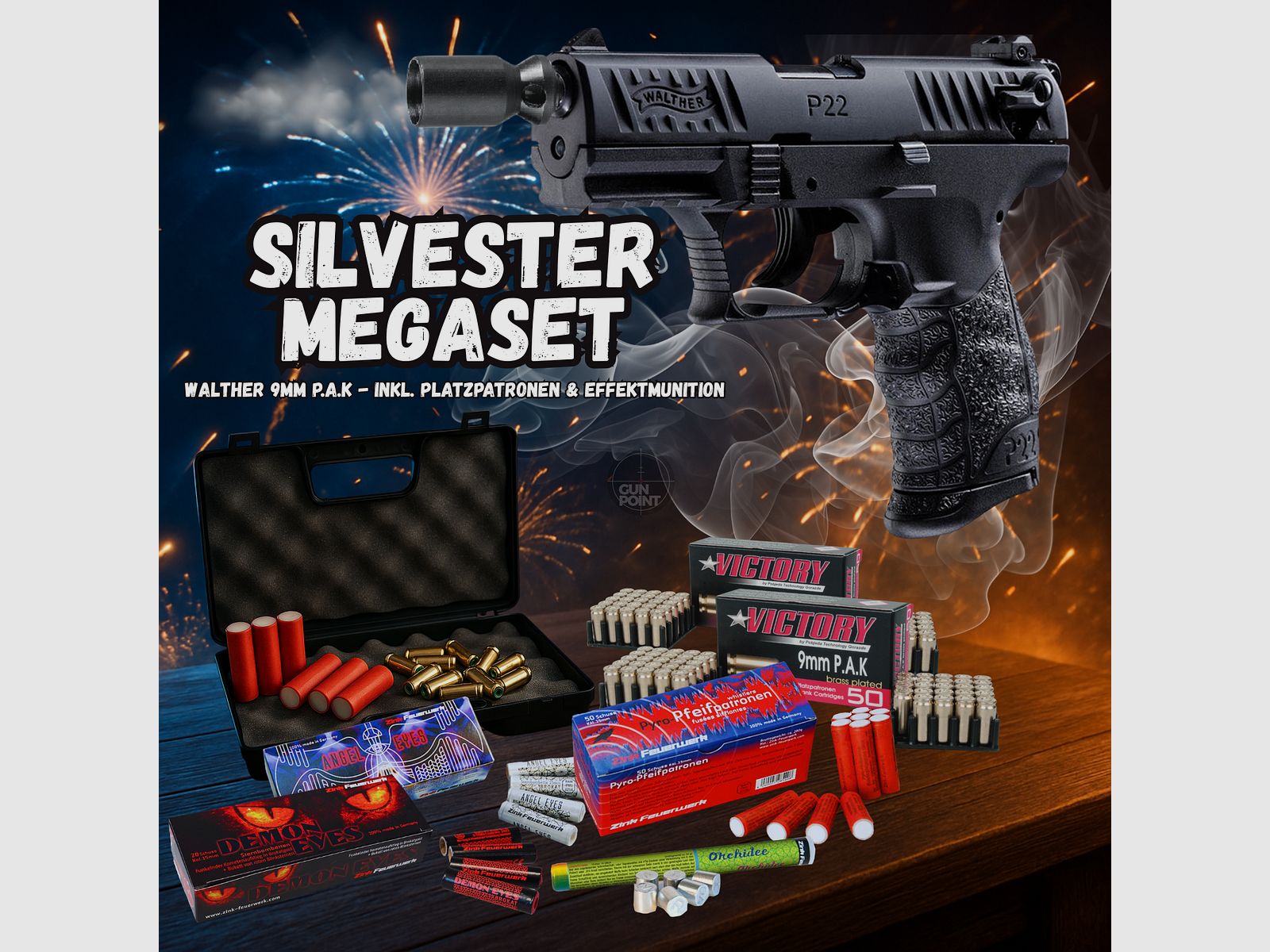 SILVESTER MEGASET !!! Pistolet à blanc - Walther P22Q - 9 mm P.A.K. incluant une mallette, 100 cartouches à blanc et 100 cartouches à effet