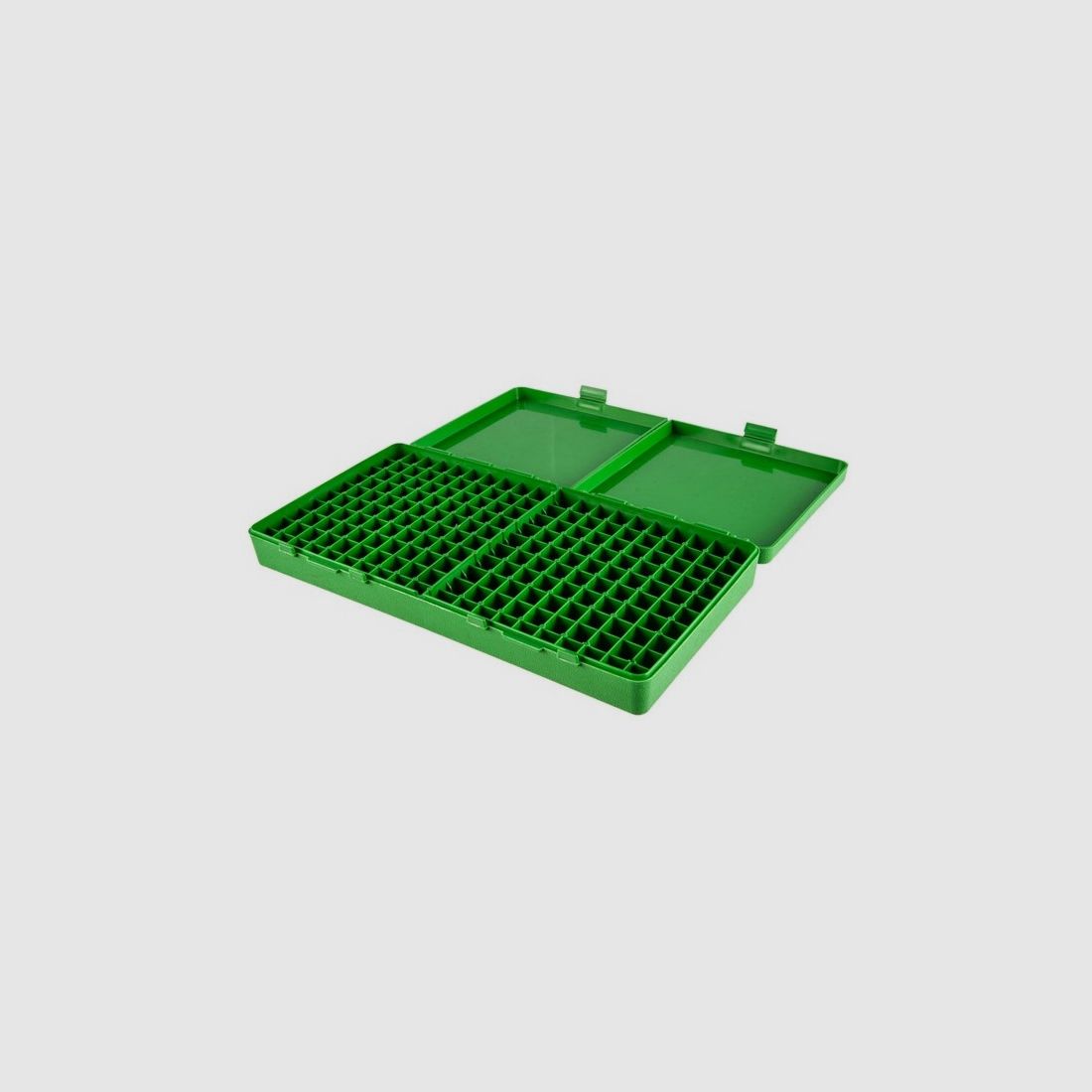 Caja de cartuchos MTM P-200-9-10 verde con tapa abatible para 200 cartuchos de 9 mm y menos.