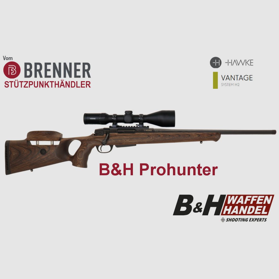 Brenner Komplettpaket: BR20 B&H Prohunter Lochschaft mit Hawke 3-12x56 fertig montiert
