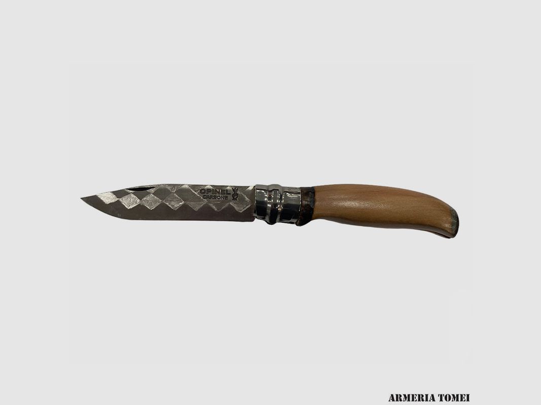 Messer – Opinel – N.8 Kohlenstoff – Griff aus handgefertigtem Kirschholz Schachbrettmuster