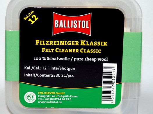 30x BALLISTOL Reinigungsfilze/Filzreiniger KLASSIK Cal. 12|100% Schafwolle| 12 Flinte/Shotgun
