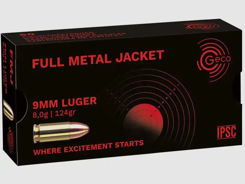 GECO ammunition Geco 9mm Luger FMJ 124 grains 50 cartridges in a box