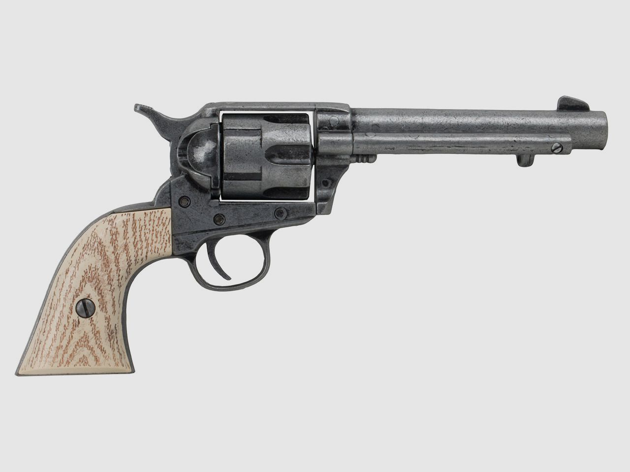 Deko Revolver Kolser Colt SAA .45 Peacemaker USA 1873 5,5 Zoll antik grau weiĂźe Griffschalen