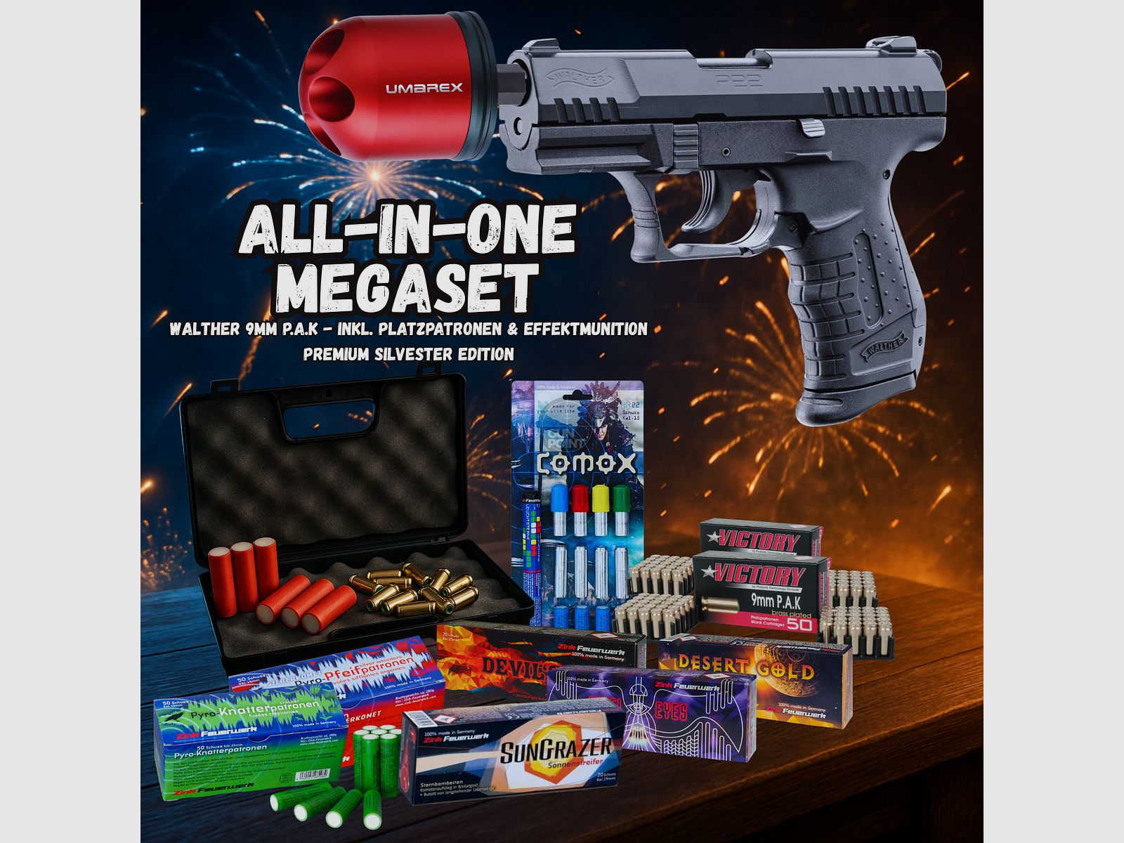 ALLE IN EEN MEGASET !!! Schreckschuss - Pistool - Walther P22 - 9 mm P.A.K. incl. Koffer, Multi Afschietbeker, 100 Flodderpatronen & 202 Schot Effectmunitie