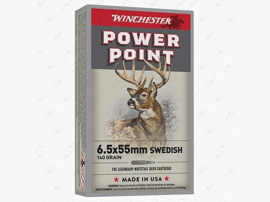 Boite de 20 cartouches à balles de grande chasse de WINCHESTER POWER POINT Calibre 6,5X55 SWEDISH - 140 GR