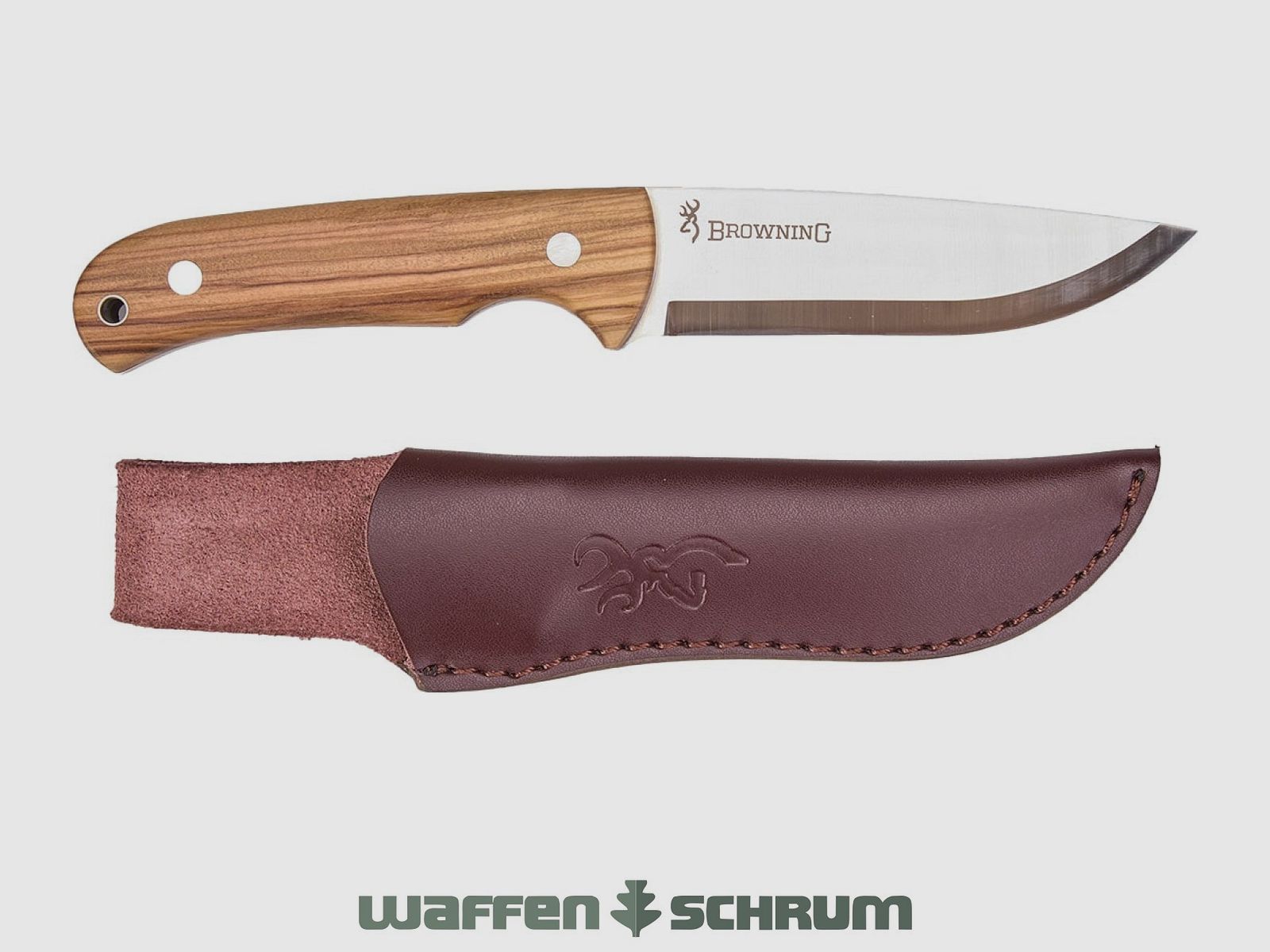 Coltello da caccia Browning Korvar lama fissa lunghezza 7,5 cm / impugnature in legno d'olivo / con fodero in pelle