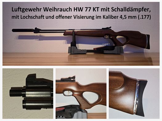 Luftgewehr Weihrauch HW 77 KT / HW77 KT mit Schalldämpfer, Lochschaft und offener Visierung im Kaliber 4,5 mm ( Starrlauf / Unterhebelspanner )