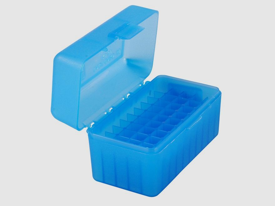 MTM scatola per cartucce RS-50-24 blu trasparente con coperchio a ribalta per 50 cartucce .17 e inferiori