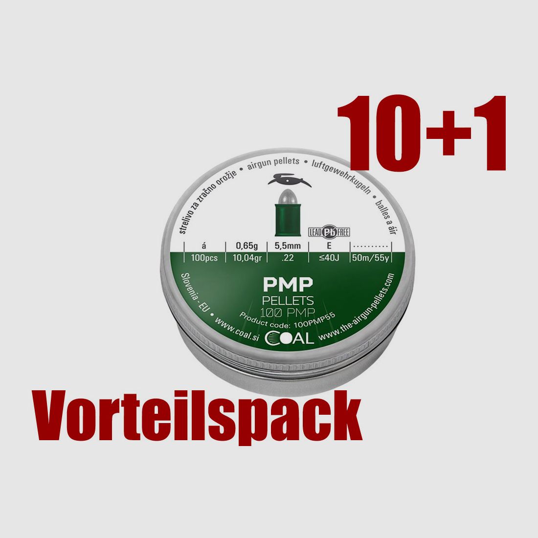 10+1 GRATIS x 100 StĂĽck Coal Plastik Metal Pellets Diabolo, Spitzkopf, bleifrei, 0,65 g, Kaliber 5,5 mm