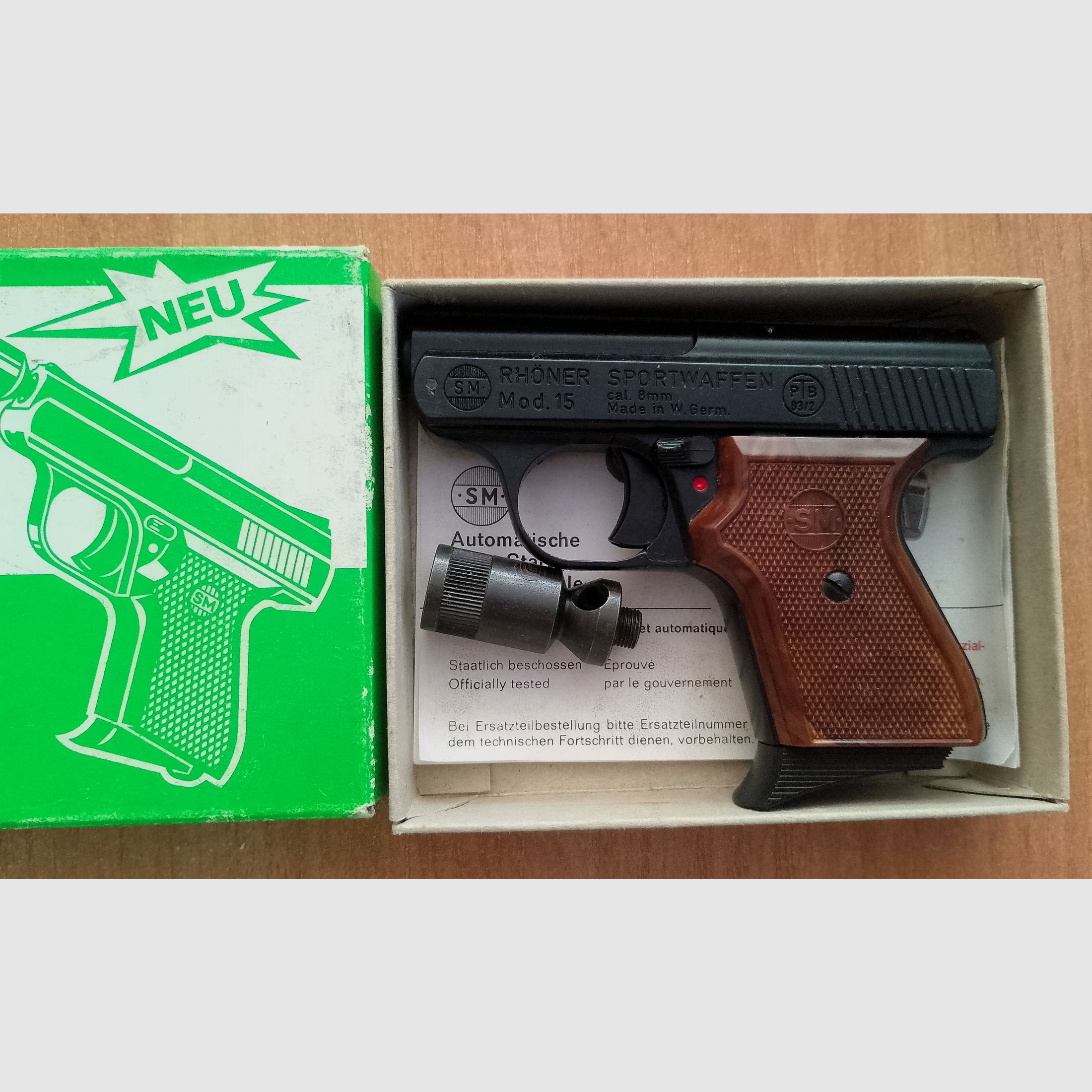 Alte Rhöner SM 15 Kal. 8 mm Knall im PTB 83/2 mit Verpackung!