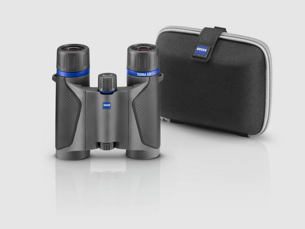 Lornetka ZEISS Terra ED Pocket 8x25 z paskiem na ramię i torbą czarno-szara