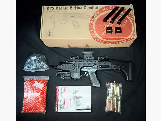 RAM Cal .43 Combat (Glock) + 4 Magazine + Aps Caribe Action Conversion Kit T1-Socom Visier und Zubehör Co2 Rubberballs Paintballs