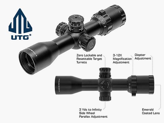 Zielfernrohr UTG Bug Buster 3-12x32 AO, 1 Zoll, Mil-Dot Absehen unbeleuchtet, 11 mm Montage