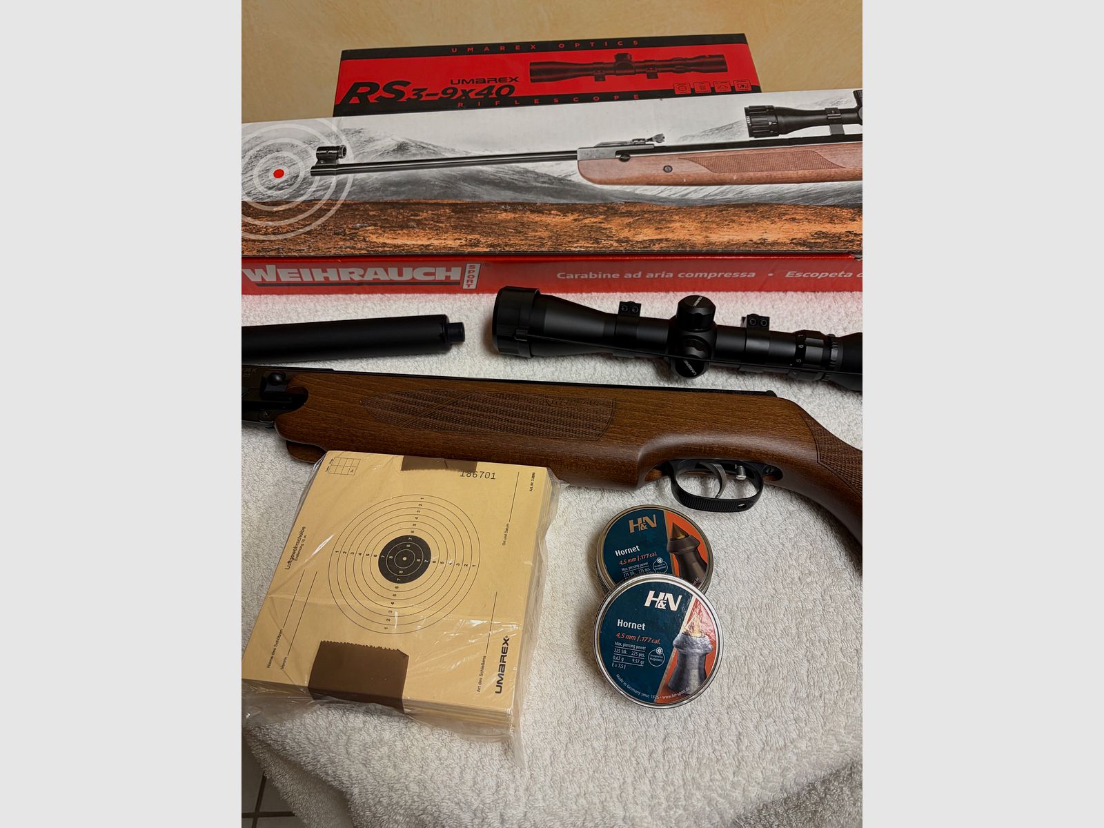 Fucile ad aria compressa: Weihrauch KW 35 K con silenziatore e telescopio Umarex RS 3-9x40, nuovo e mai usato,