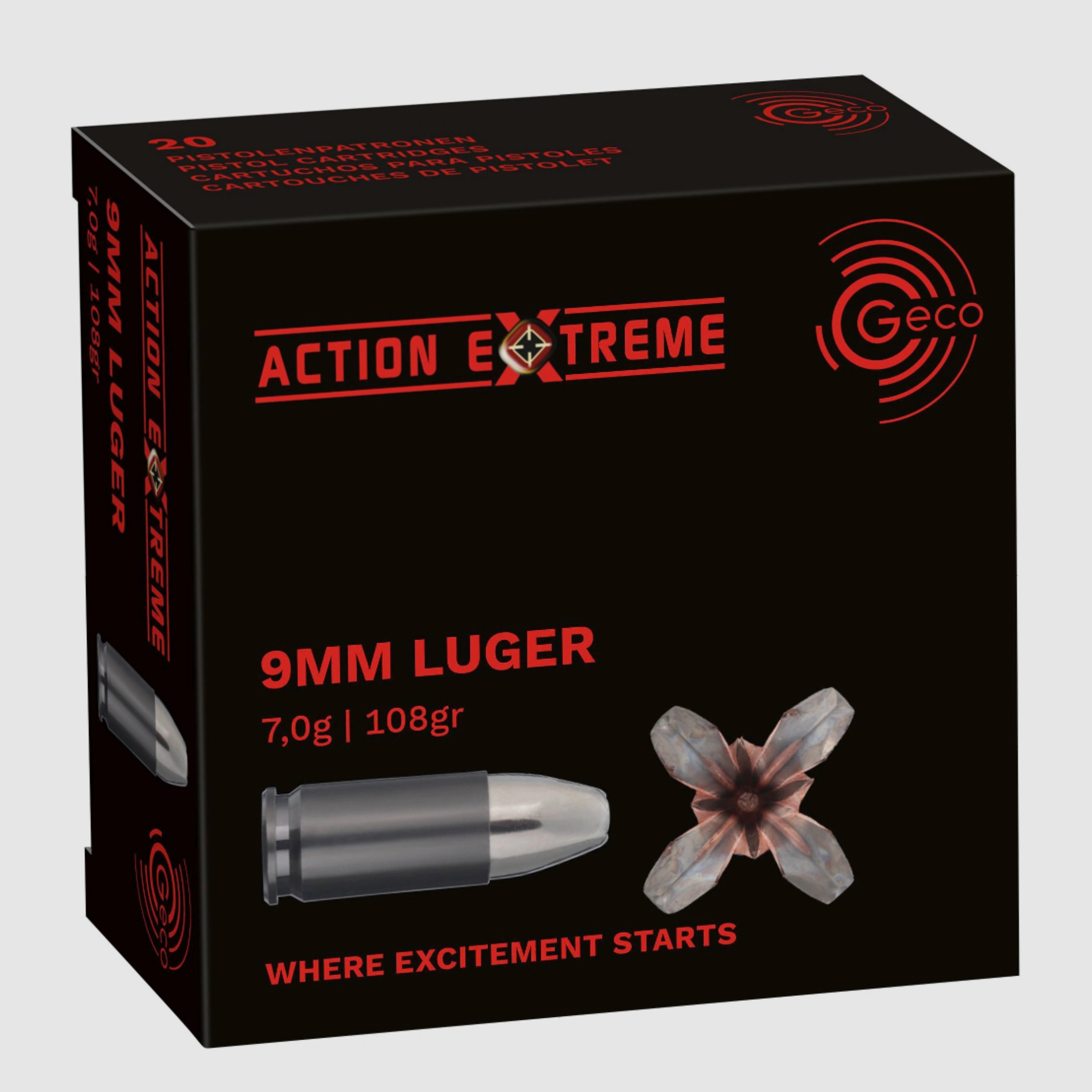 Geco 2408123 9 mm Luger Action Extreme 7,0g 108grs. Bleifrei Kurzwaffenmunition