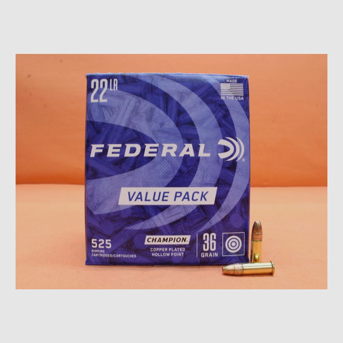 Federal cartridges .22lr Federal 36grs HP (745) VE 525 cartridges (HV: 1260fps) Champion copper plated/ 2.33g hollow point copper plated