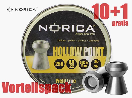 10+1 GRATIS x 250 StĂĽck NORICA Hohlspitz Diabolo HOLLOW POINT, Kaliber 5,5 mm, 0,97 g