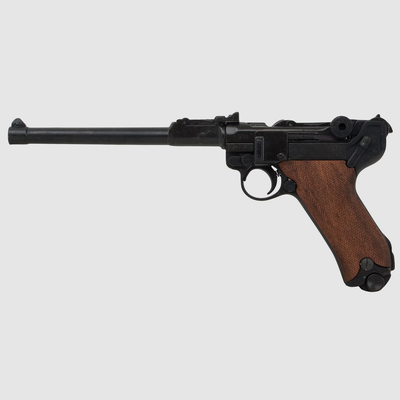 Denix Deko Pistole Luger P08 Artillerie Deutschland 1898 LĂ¤nge 34,5 cm mit langem Lauf schwarz braune Griffe