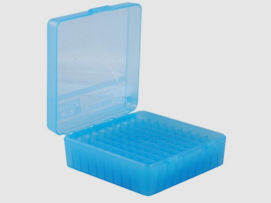 MTM scatola per cartucce P-100-3-24 blu trasparente con coperchio a ribalta per 100 cartucce .38/.357 e altre.
