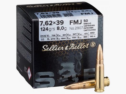 SELLIER & BELLOT RIFLE CARTRIDGES 7.62x39 FMJ - 123 GRS. - 50 ROUNDS BRASS