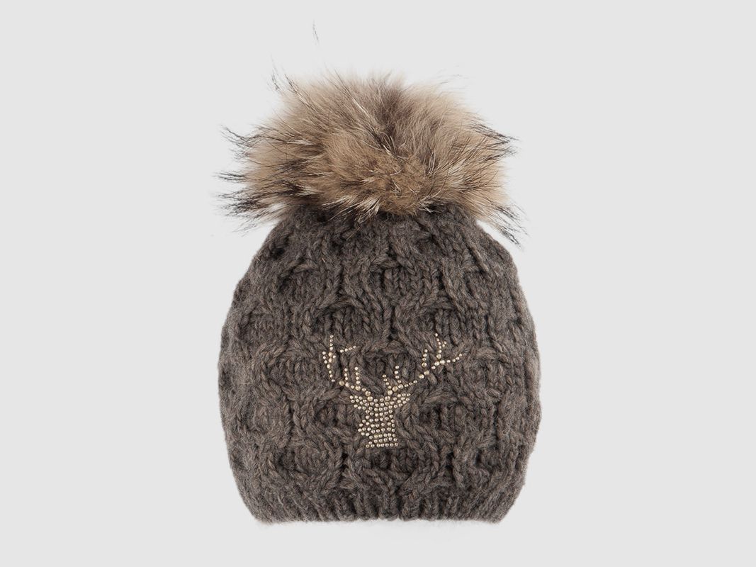Cappello lavorato a maglia con pompon in pelliccia vera e motivo cervo