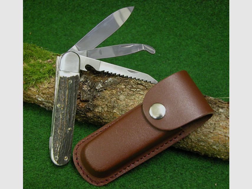 COUTEAU DE CHASSE original " LEEGEBRUCH " 3 pièces couteau courbé scie & lame en acier 440 avec poignée en corne de cerf et étui en cuir