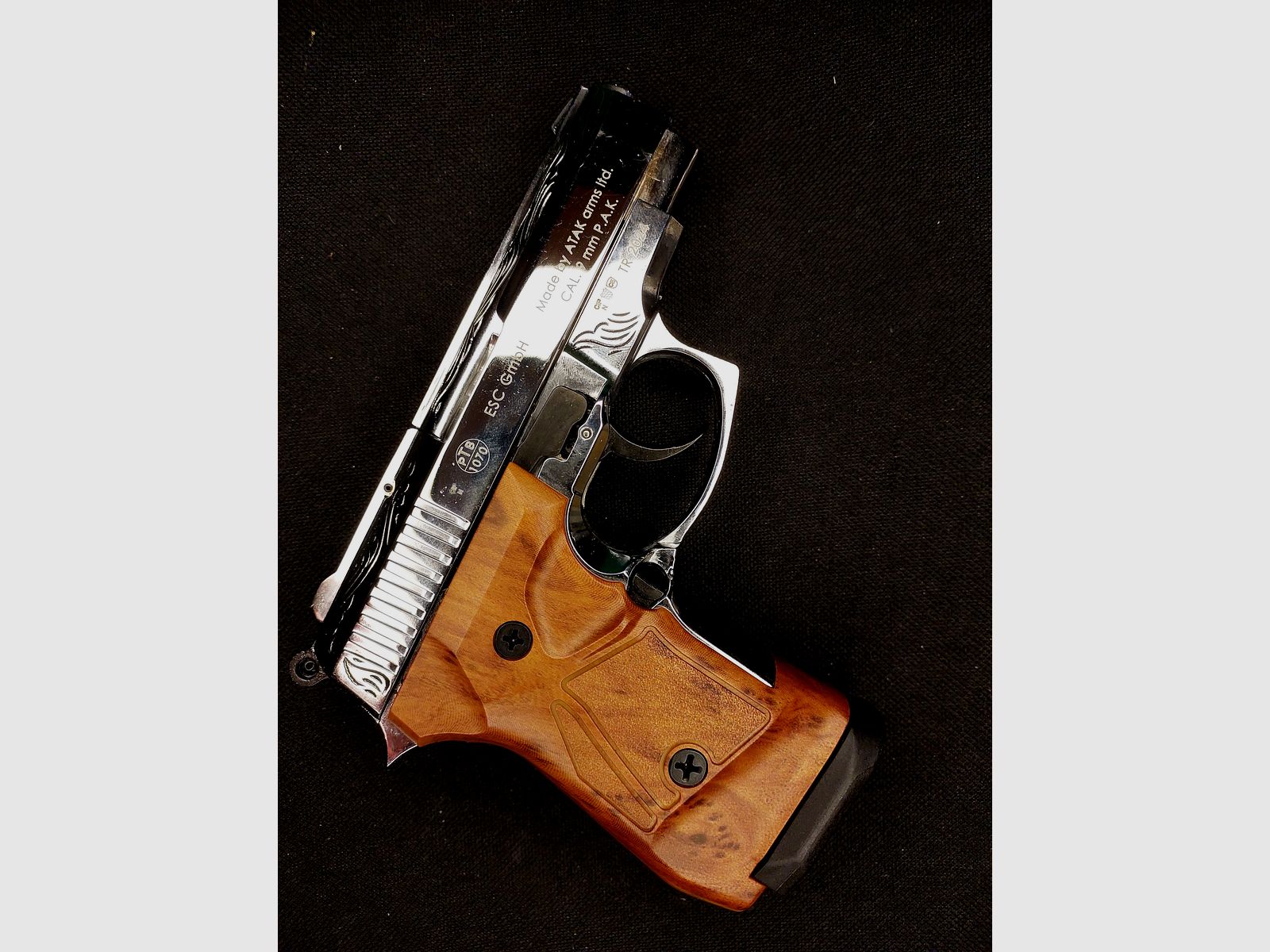Zoraki 914-P chrome gravé aspect bois 9 mm P.A.K. PTB 1070 – like new avec mallette, image 4 sur 8