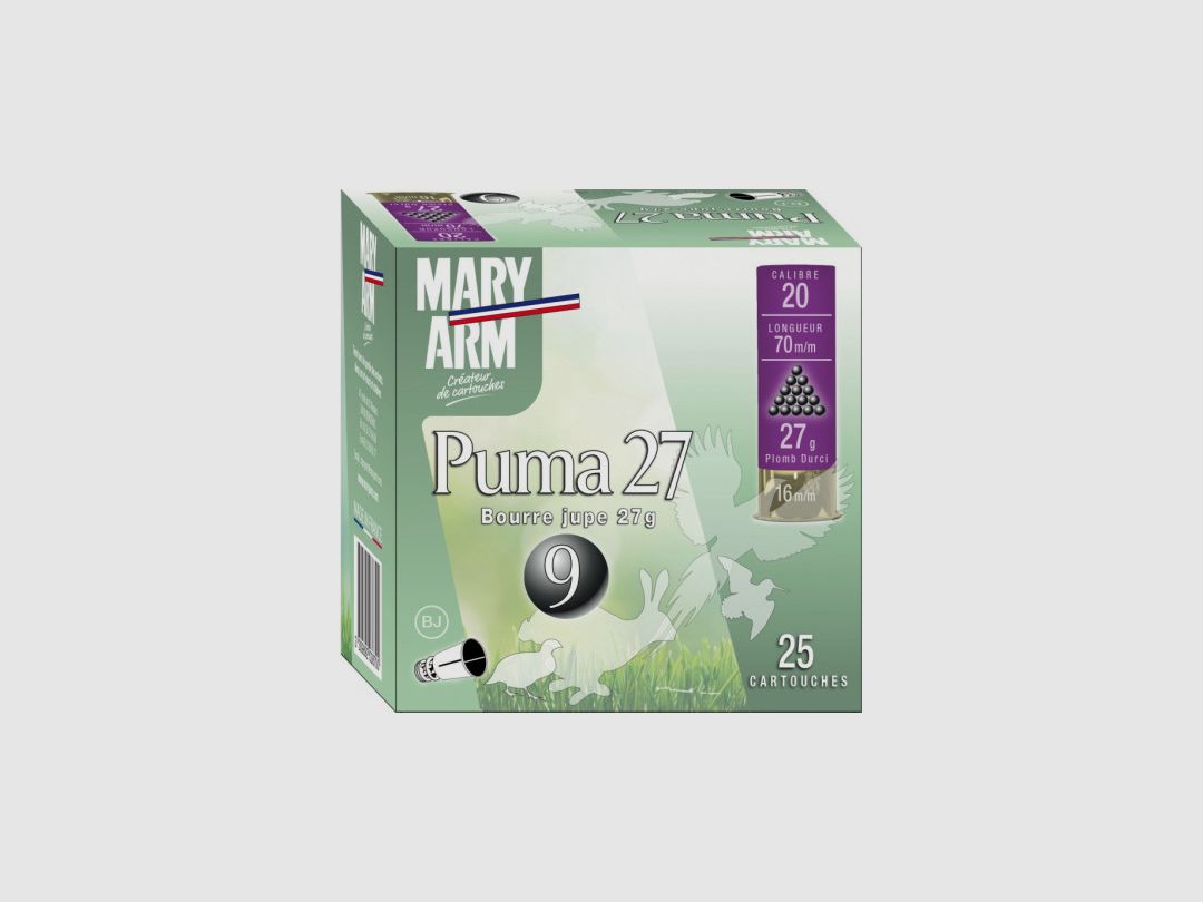 DOOS VAN 25 PATRONEN MARY ARM PUMA 27G WAD JACKET CAL.20/70 LOOD 9, afbeelding 1 van 2