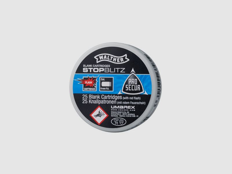 Walther Stop Blitz cartouches à blanc pour pistolets d'alarme cal. 9 mm P.A. - 25 coups