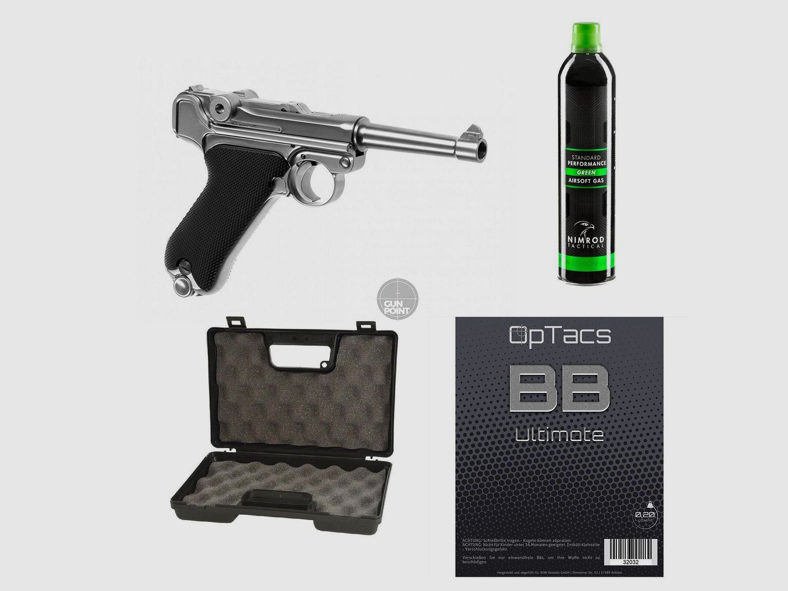 SET !!! Softair - Pistole - WE - P08 Full Metal GBB silver - ab 18, ber 0,5 Joule