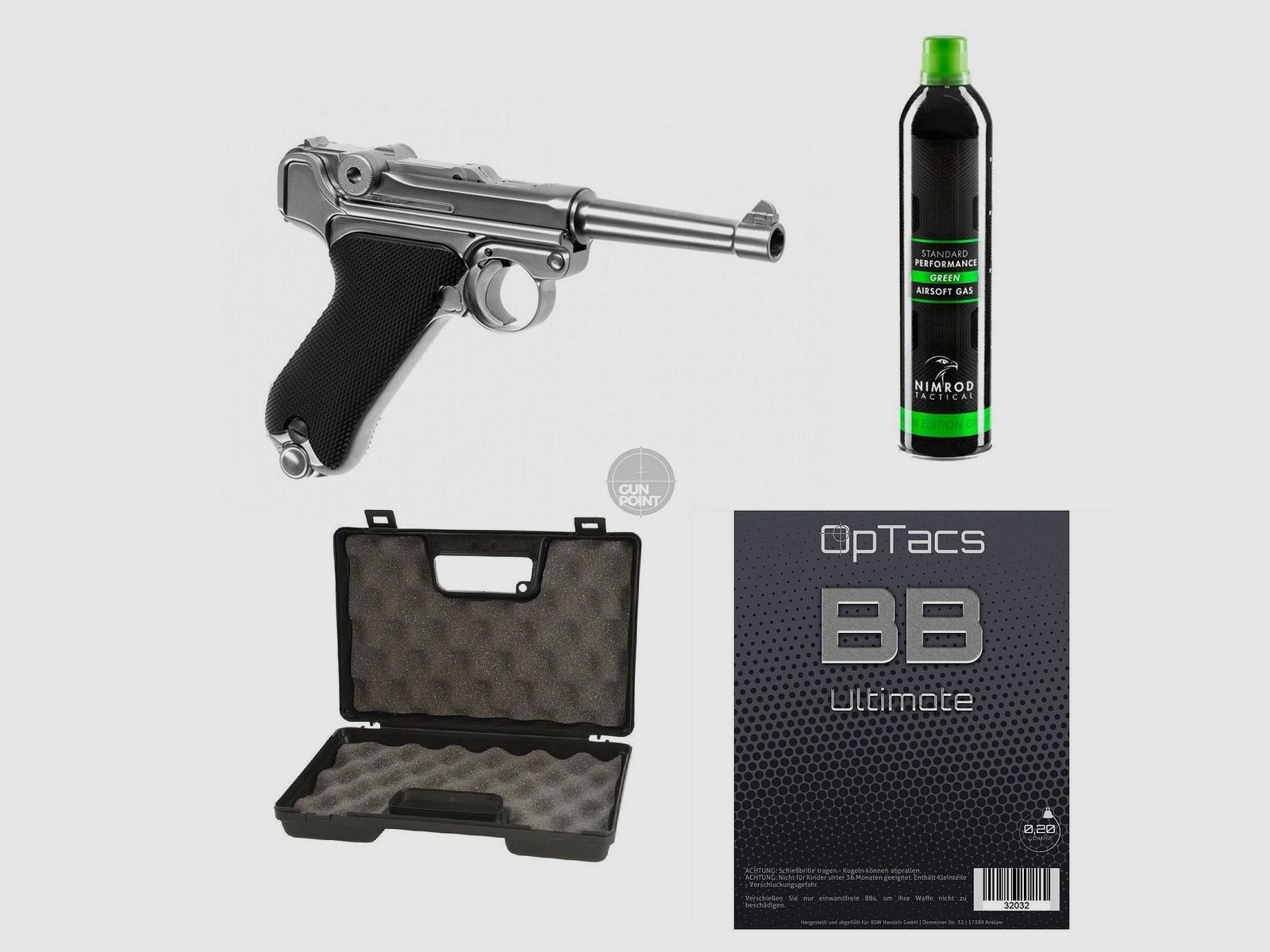 SET !!! Softair - Pistole - WE - P08 Full Metal GBB silver - ab 18, ber 0,5 Joule