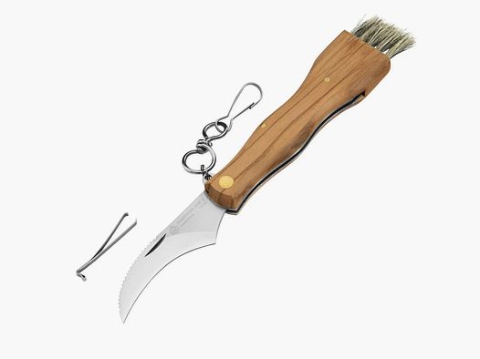 Cuchillo para setas PUMA IP con cepillo, pinzas y mosquetón, madera de olivo