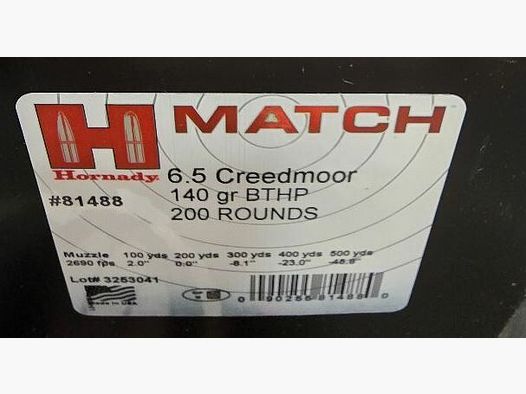 Hornady Match 6,5 Creedmoor BTHP 9,1g/140grs. 200 Stück MTM-BOX (ehemals American Gunner) UVP: 429