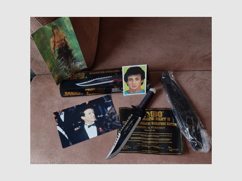 Original Signatur von Silvester Stallone auf Foto+RAMBO Messer First Blood Part II Signature Edition
