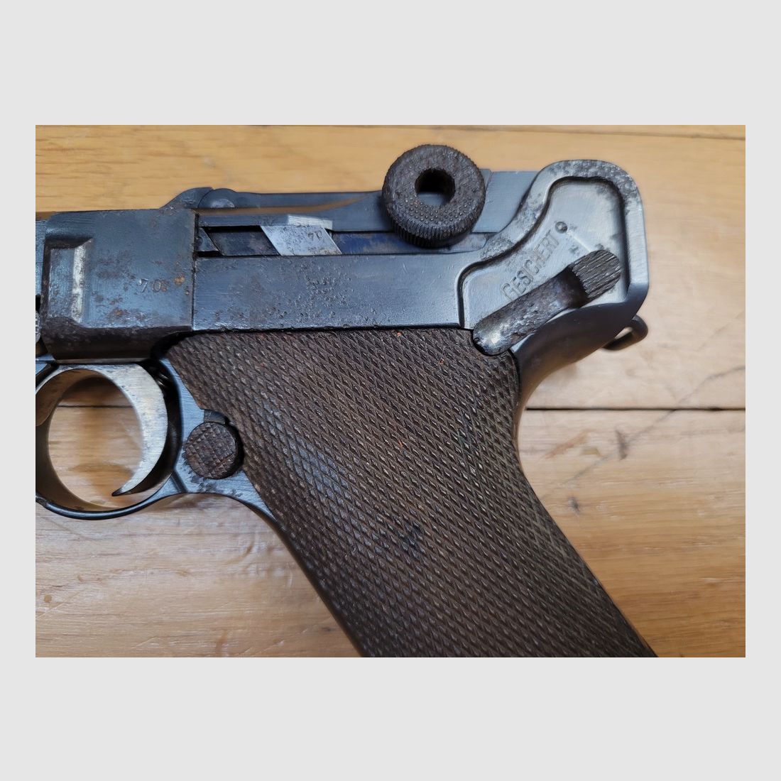 Guter Luger P08 Pistol – DMW von 1916 – Monomatrikel – 100% 14-18 – Gutes Magazin mit Holzboden – Lauf mit guten Zügen – Waffe zu reinigen sowohl für den Schuss als auch für die Sammlung – EM in globalem Zustand, Bild 4 von 21