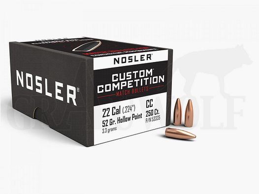 .224 / 5,6 mm 52 gr / 3,4 g Nosler Custom Competition HPBT Balas 250 piezas