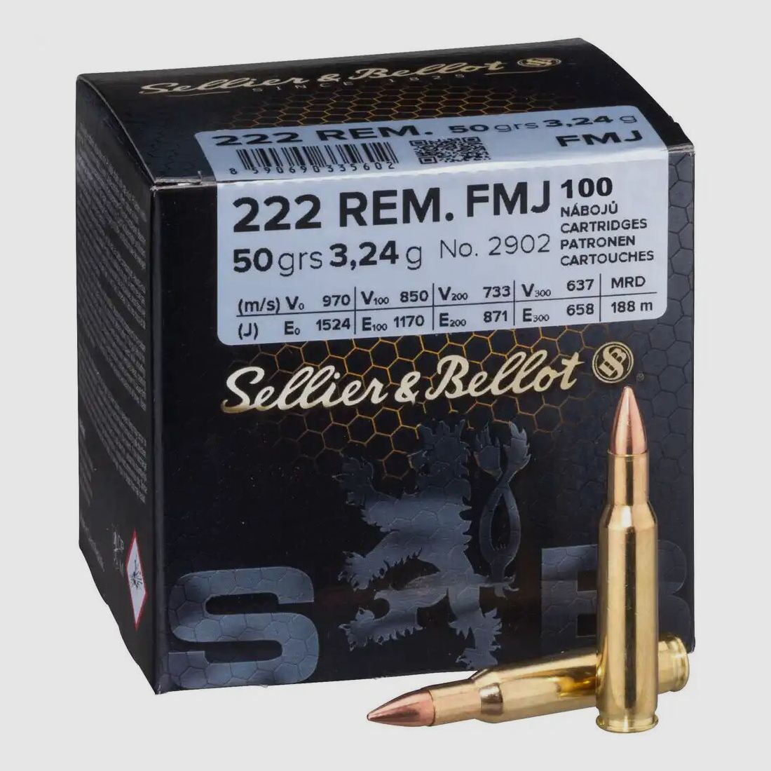 Sellier & Bellot cartucce per fucile .222 Rem. palla intera 3,2g/50grs. .222 Rem. palla intera 3,2g/50grs., Sellier & Bellot